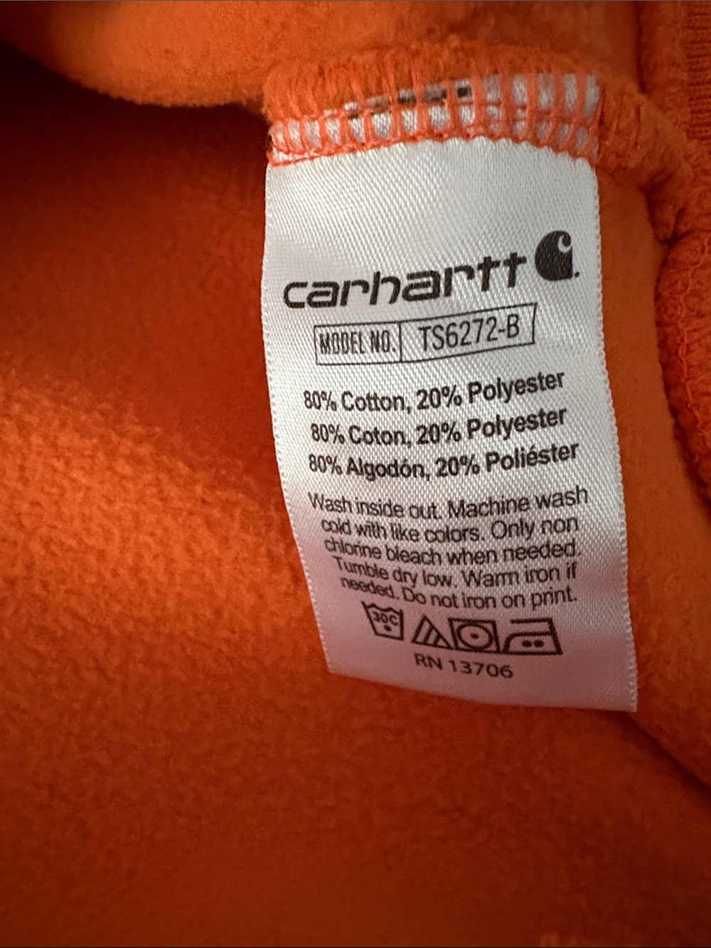 CARHARTT Kid's Orange Hoodie w/ Black Logo Sleeve Size L (14-16) -- Minor holes - Picture 12 of 12
